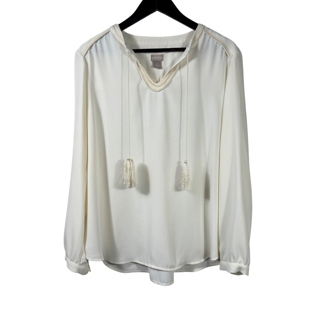 Chicos Ivory Tassel Tie Blouse Womens Size 3 XL 16/18 Braided Trim Long Sleeve